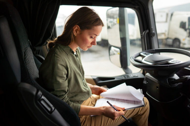 2150263066 Instructor guiding student during CDL training in California