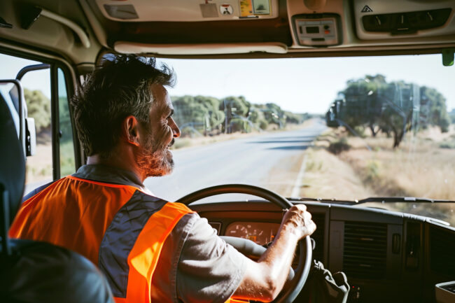 2151581814 CDL driver practicing defensive driving techniques on a California highway