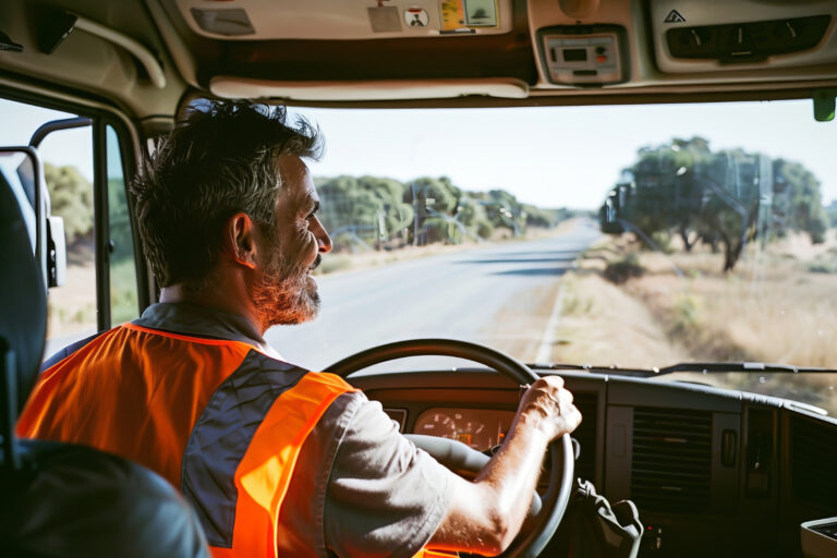 CDL driver practicing defensive driving techniques on a California highway