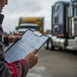 Fleet safety audit in progress with commercial vehicles