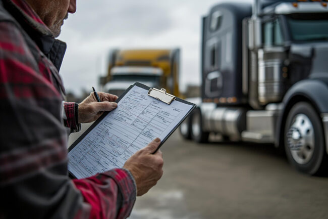 man-plaid-jacket-inspecting-checklist-with-truck-backgroun Fleet safety audit in progress with commercial vehicles