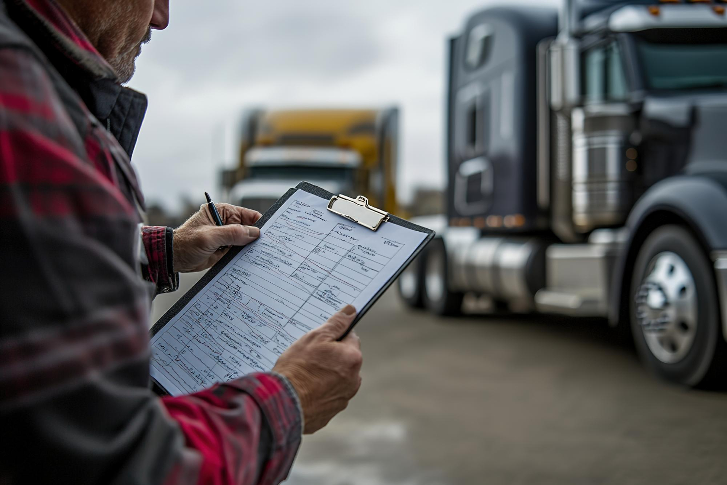 man-plaid-jacket-inspecting-checklist-with-truck-backgroun Fleet safety audit in progress with commercial vehicles