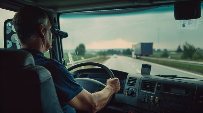 photorealistic-man-driving-truck Commercial truck driver maintaining focus to improve reaction time on highway