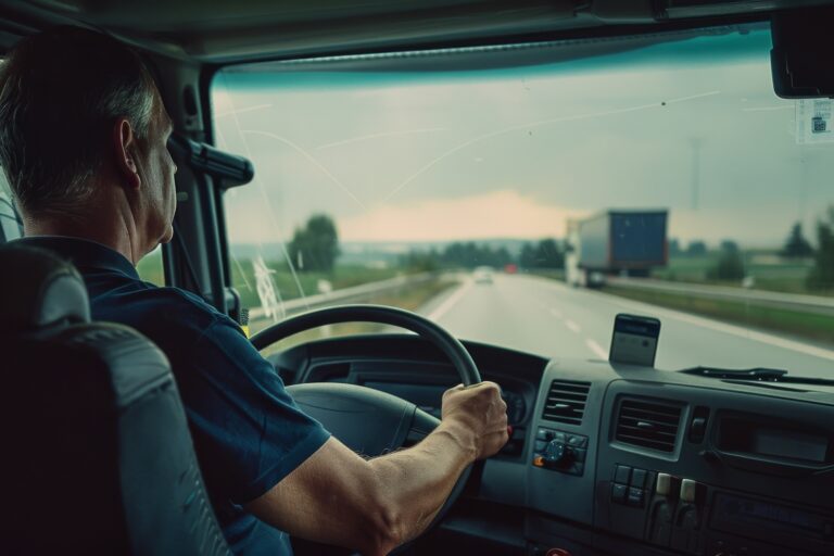 photorealistic-man-driving-truck Commercial truck driver maintaining focus to improve reaction time on highway